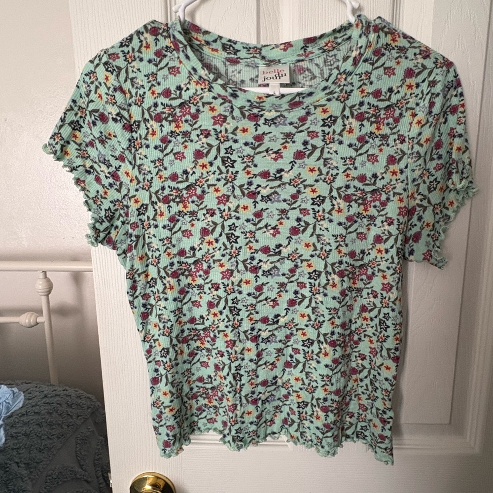 Belle Du Jour Mint Floral Ribbed Short Sleeve Tee